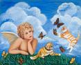 An Angel leaning on the grass watch kittens and butterflys play.