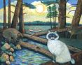 A grey cat sitting in the woods with a bear and a deer in the background.
