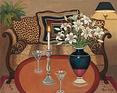 This animal print loveseat painting has stirred up great emotions from clients The lit cande and the martin inviting the viewer in.