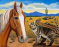A Tabby cat sitting on a fence post in Arizona with a beautiful palimino hore next to her.