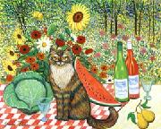 A Tabby cat sitting on a red checkered table cloth surrounded with flowers ,fruit and wine.