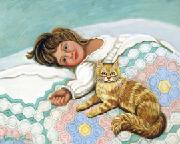 Yellow tabby cat on the bed with a little girl and grandmas quilt.