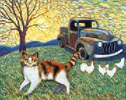 A Vangogh sunrise is the backdrop for this calico cat running through the yard with chickens and an old truck as yard ornaments.