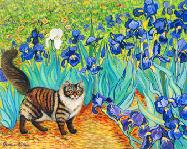Tabby cat  walking through the Van Gogh Iris painting.