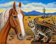This Palamino horse is next to a short hair tabby on the fence  with an Arizona back ground.