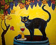 Encircled with hanging grapes this black vineyard cat is standing on a wine barrel with fruit cheese  and a glass of wine.