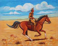 A Pony Express rider is riding along the planes to deliver the mail from St Louis to California. He is wearing buckskins and is riding a bay horse.