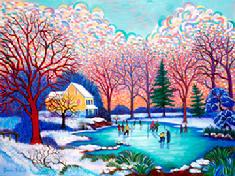 This winter impressioonism scene of ics skaters on a pond with its back ground with a warm sun set.