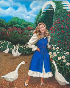 Surrounded by geese and flowers this painting of a young woman in blue is striking.