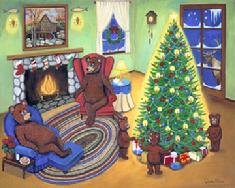 Mama and Papa Bears relaxing in their wing back chairs at the fire place while the three bears are joyfully enchanted with the Christmas tree.