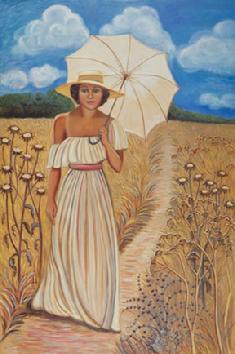 A golden roasted background surrounds this painting of a woman with a parasol.