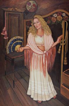 With a fan in hand this lovely lady is pondering while in slip and shawl.