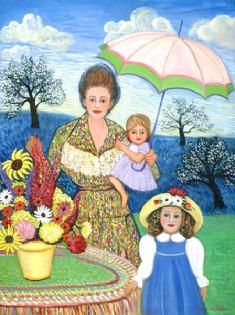 A mother with two children standing by a table with a floral arrangement .