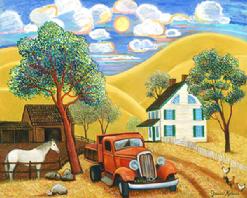 Golden rolling hills with oak trees makes this Naive Impressinistic painting touch ones heart with the farm house and surroundings .