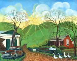 Rolling Green Hills makes this Naive Impressionistic oil painting of a farm house withe geese crossing the road.
