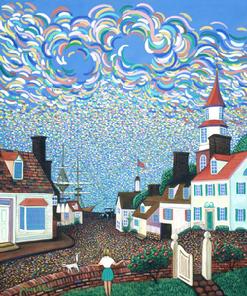 Large swirling brushstrokes creates this New England painting of a girl and cat gazing out at the harbor done in a Naive Impressionistic Style.