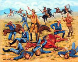 General George Custer at the Battle of Little Big Horn, Many Soldiers and horses have fallen and died from the Indian seige, Custer with a few soldiers is fighting it out until the end.