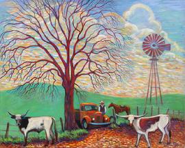 two long horn steers have gotten out and a cowboy stops with his horse to get them back in the fence . An old red truck is stopped at the gate . A wonderful multi colored sky and impressive oak tre with wind mill makes this painting magical.