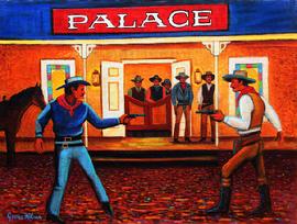 two cowboys shooting it out in front of the palace saloon, The painting is painted on a heavy canvas that is mounted on a wood panel. This painting has a contemporary western flavor to it.