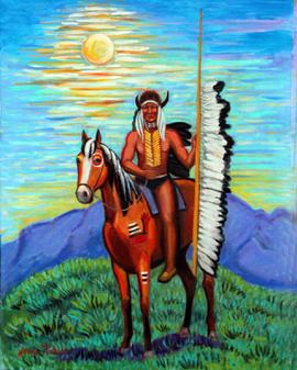 Indian with a buffalo head dress is sitting on his pony who has war paint on him . a bay horse with a black and white main. The indian is holding a pole with many eagle feathers on it.Pretty sunset behind the indian and horse.