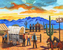 The shoot out at the OK Corral with the Clanton and the Erps.A golden sky with the purple blue mountians as a back drop is the setting for this gunfight. The Erps and the clantons are standing at the corral read to draw their pistols and comense the fight.