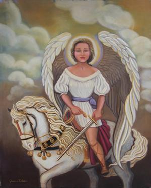 Angel riding a magnificent white horse with sword in hand with angel wings framing the angel