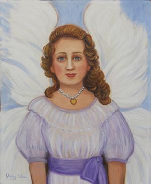 A young Angel with a purple pastel and white dress has her wings lifted