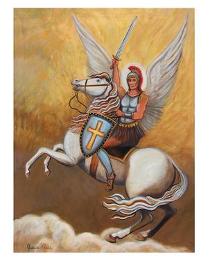 Angel ridining a white stallion rearing up with the Armor of God, Sword,Sheild,Armor ,scandels