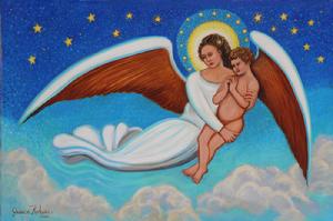 An angel holding a child in her arms in the night sky filleed with bright stars going to heaven