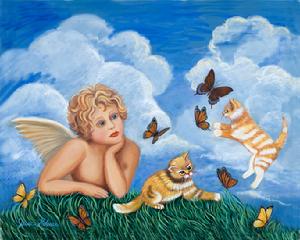 Angel facinated with kittens and butterflies on a beautiful daywith a pretty blue sky and lovely white clouds