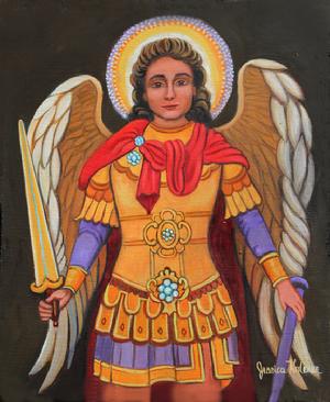 Handsomely dressed angel in beautiful armor with lavish jewels with his wings framing his body having a sword in hand