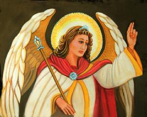 Angel with magic wand in on hand has the other han raise on to the sky. She is wearing a white robe and a red cloak crowned with a jeweled crown