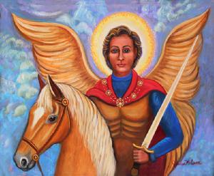 Angel riding a palimino horse with sword in hand golden horse,armor and wings