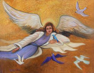 An angel in flight with birds and doves surrounding , Wearing a purple pastel robe the angel wings are extende in a flying motion