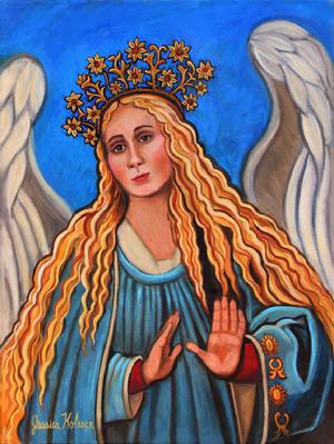 An enchanting angel dressed in a teal blue rob and a magnificent gold flower crown with rubies in the center of the flowers. Holding hands in front making a gesture