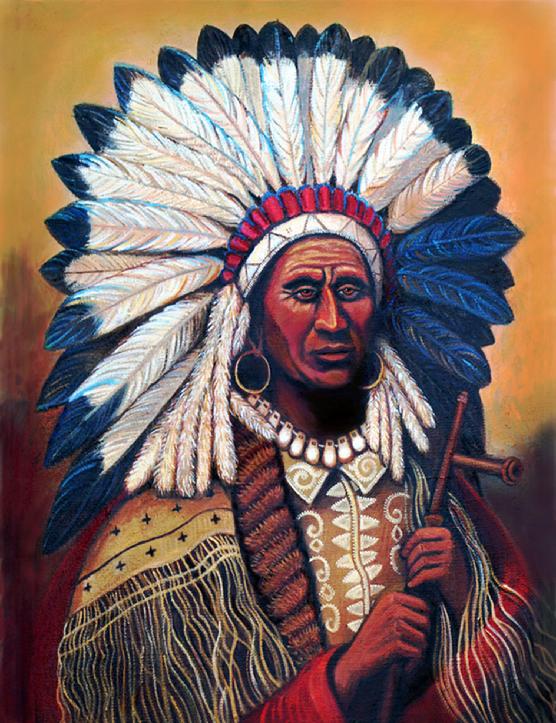 A fine western art painting of the Cheif Red Tomahawk Indian with the feathered headdress on and holding a peace pipe.