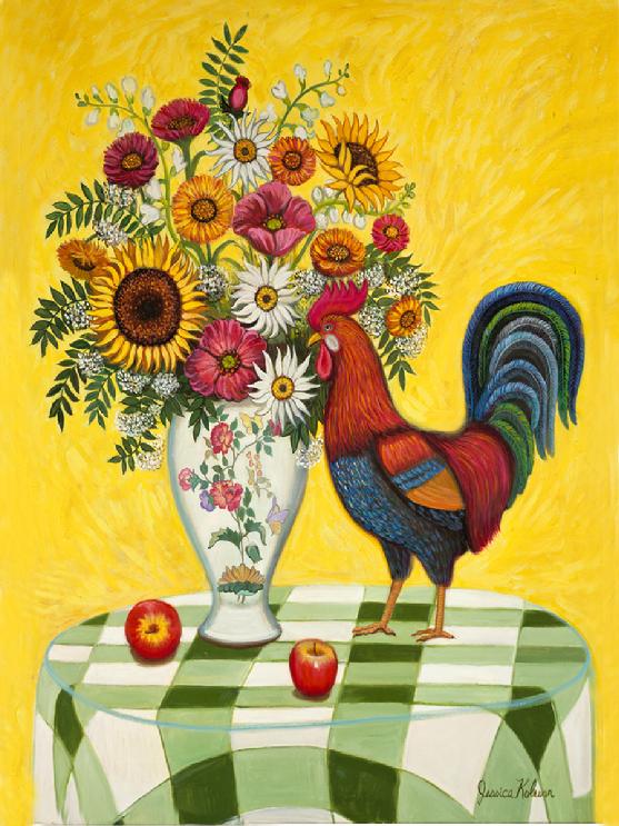A brown and black rooster is stand ing on a green and white table cloth with a flowered porcelean vase filled with assorted flower arrangement of sunflowers, and daises