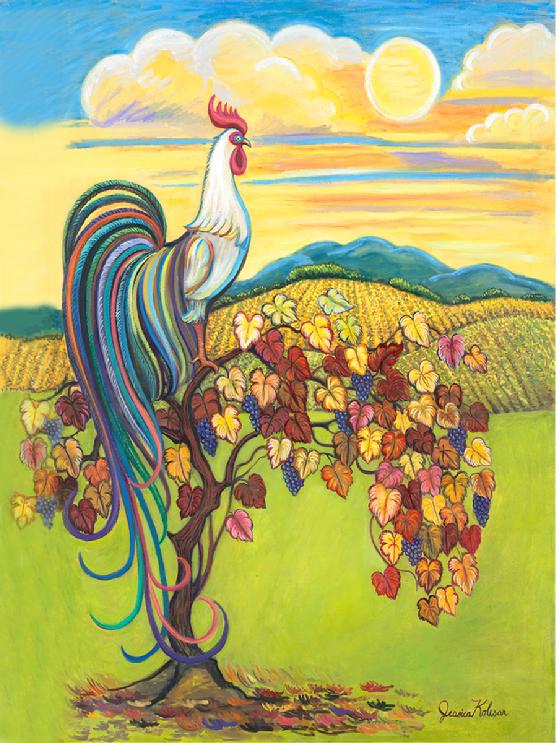 A Phoenix rooster whom has very long tail feathers is sitting on an antique grape vine with a majestic sun and clouds behind him.